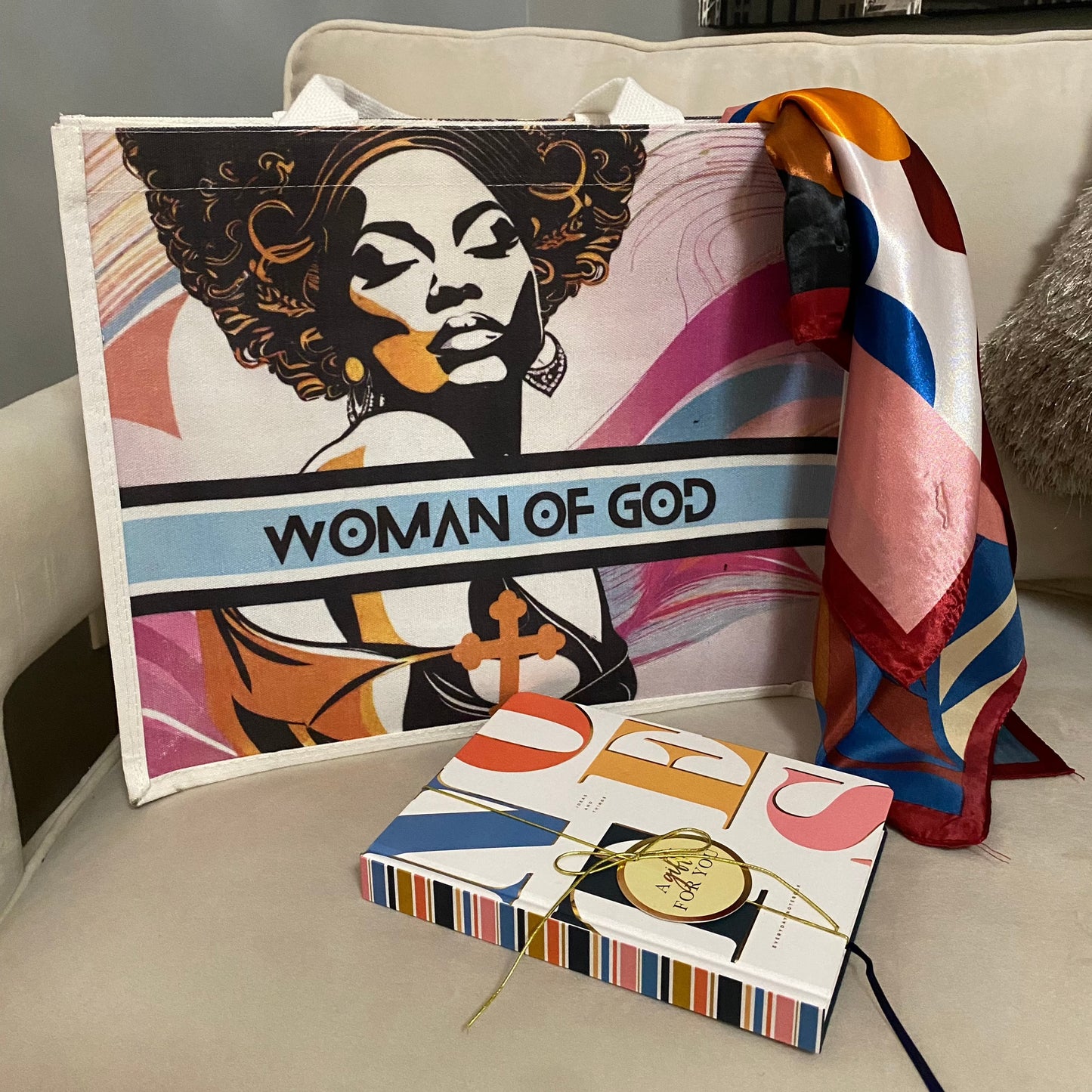 Gift Set - Woman of God Canvas Tote Bag, Vibrant Floral Satin Scarf & Journal