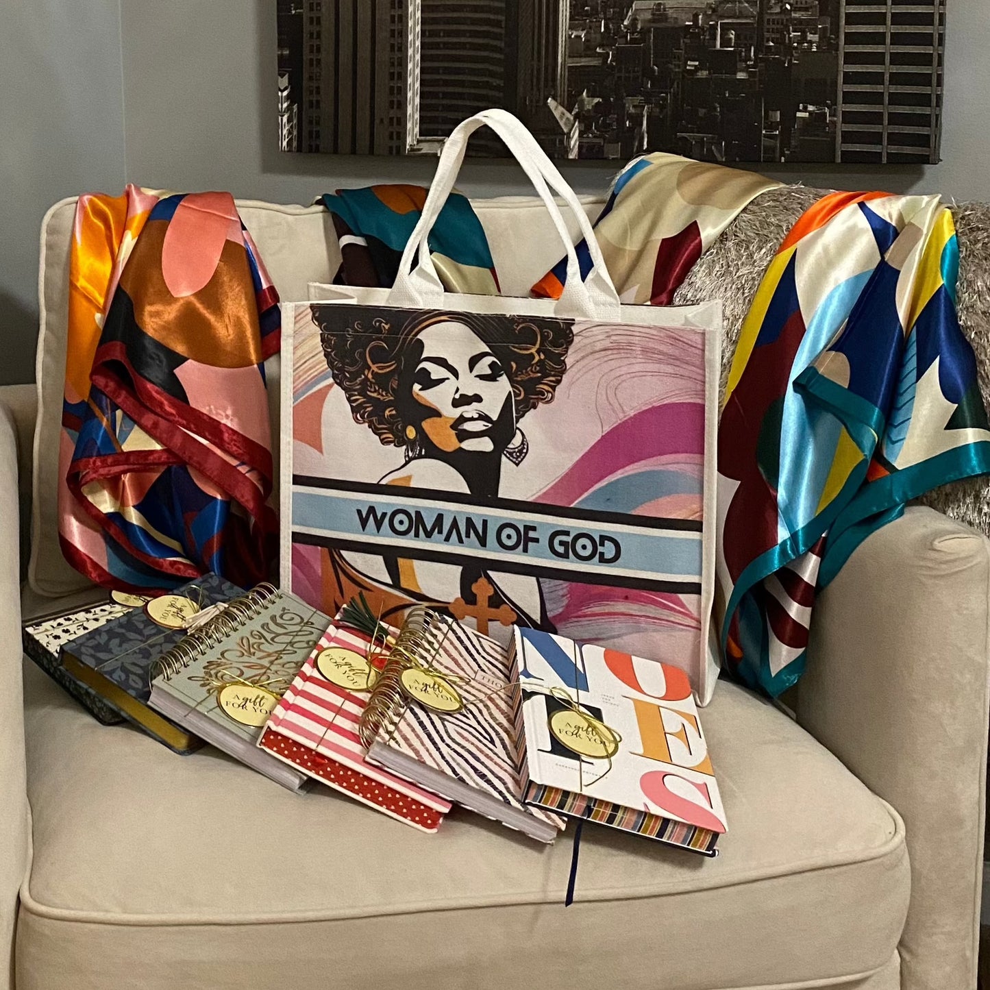 Gift Set - Woman of God Canvas Tote Bag, Vibrant Floral Satin Scarf & Journal