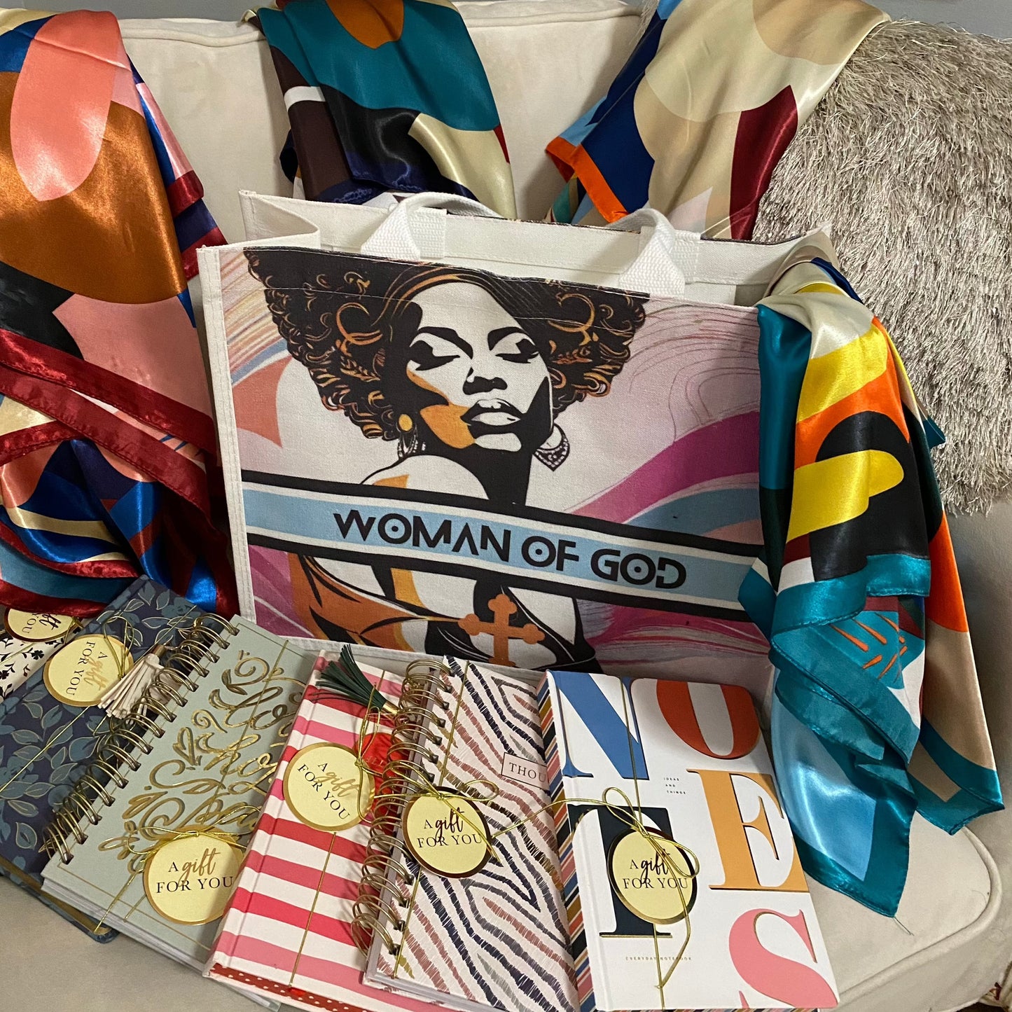 Gift Set - Woman of God Canvas Tote Bag, Vibrant Floral Satin Scarf & Journal