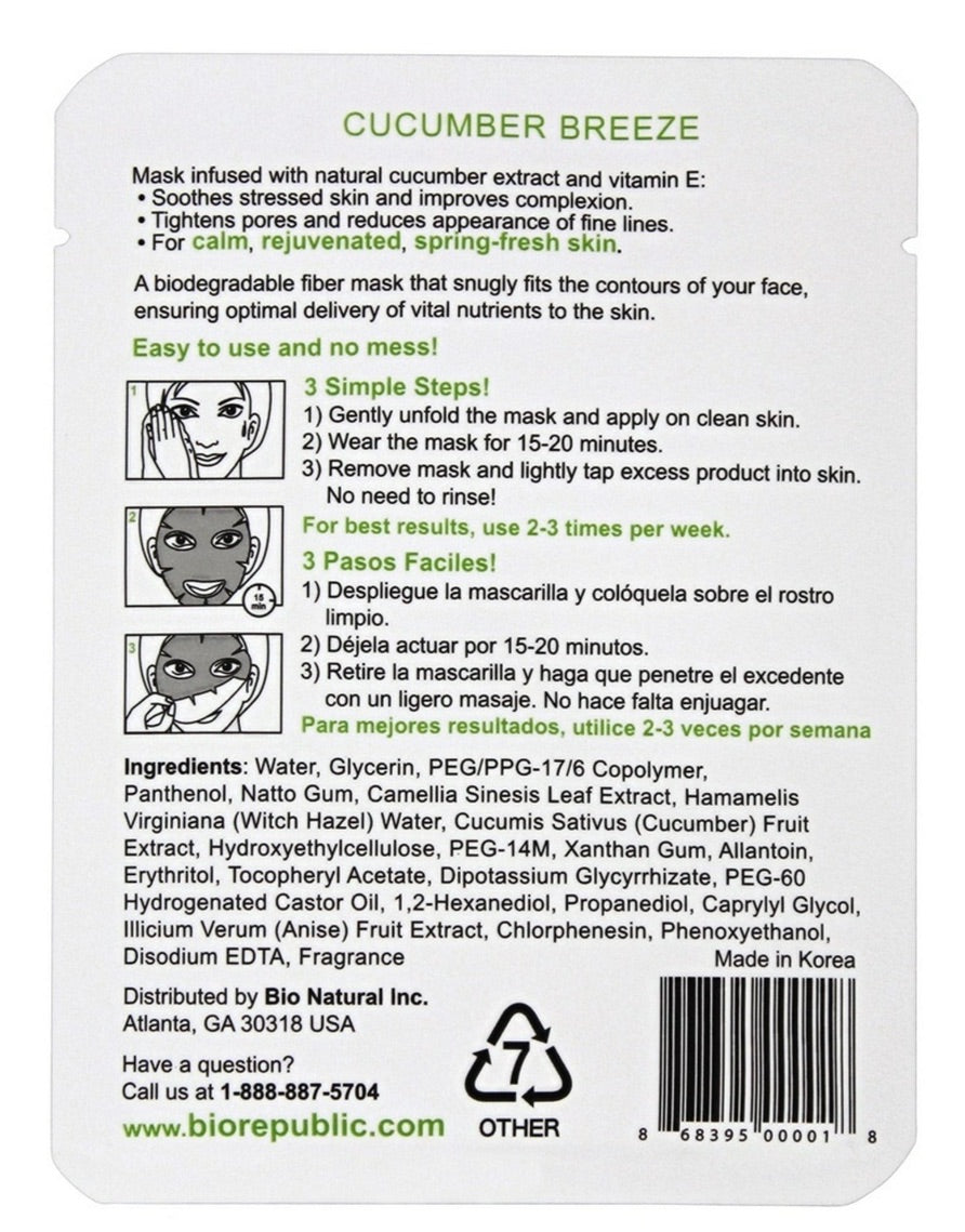 Cucumber Breeze Soothing Fiber Face Sheet Mask, 10ct Box